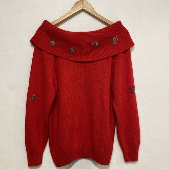 Vintage Soft Red Silk‎ Wool Angora Blend Beaded Leaves Off Shoulder Sweater Sz L - Picture 3 of 9